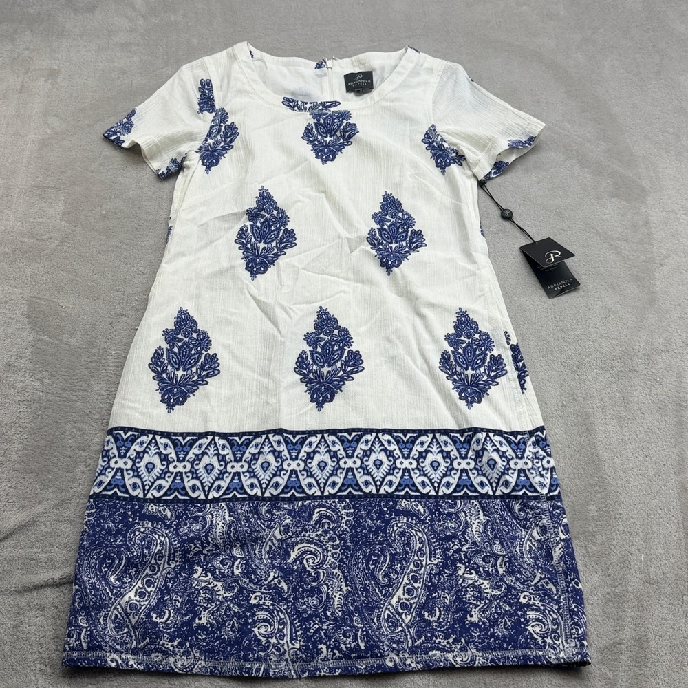 Adrianna Papell Tunic Dress Womens 2 White Blue Embroidered Paisley Boho Coastal